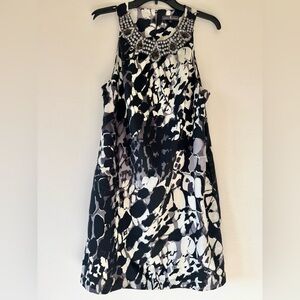 Beaded Black & White Midi Dress Halter Top Neckline Made in USA Sz M